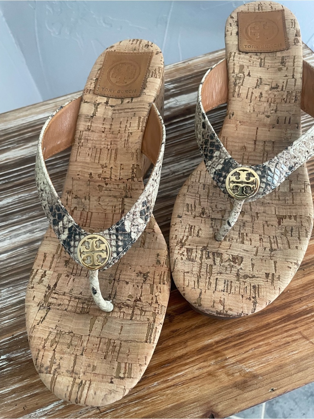 Tory Burch Cork Wedge Sandals with Snake-Print Straps and Gold Logo